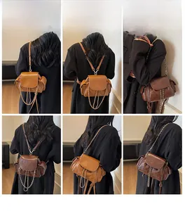 Collage showing quilted leather backpack in brown and coffee with metal chain strap