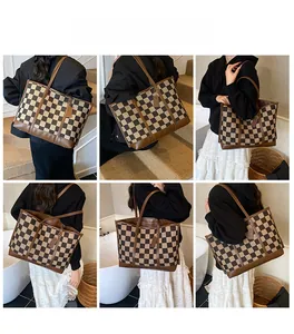 Multi-angle view of large checkered canvas tote bag with brown leather trim in lifestyle scenes