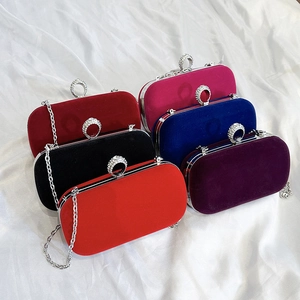 Velvet Evening Bag With Rhinestone Ring Buckle Metal Chain Clutch Shoulder Handbag For Women Formal Party Elegant