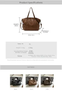 Detailed size chart for large PU tote bag showing dimensions 48x30x13.5cm and strap details