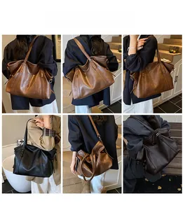 Detailed views of high-capacity tote bags in brown, black, and coffee leather textures