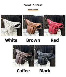 Color display of vintage leather fanny packs in white, brown, red, coffee, and black