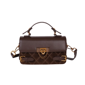 Dark brown retro crossbody bag with contrast stitching and diamond quilted textures