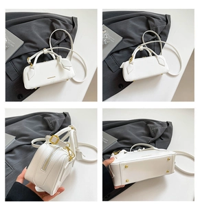 Detailed views of a white baguette bag featuring gold hardware and a detachable strap