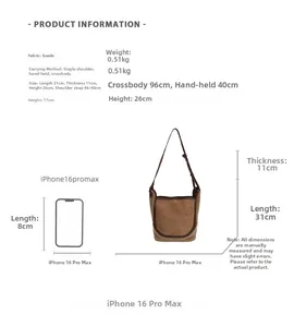 Detailed size chart for suede bucket bag with measurements and shoulder strap length