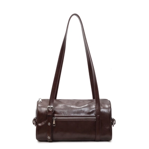 Deep brown glossy Boston bag with long double straps and silver metal hardware