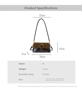 Detailed size specifications for the vintage brown underarm bag with dimensions and strap info
