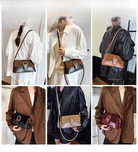 Collage of vintage flap bags in five colors with gold buckles and adjustable straps