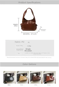 Detailed size chart of vintage rivet shoulder bag with dimensions and four color options