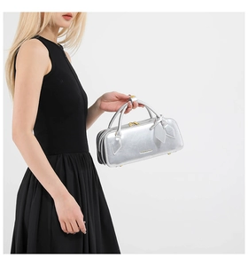 Detail of silver metallic baguette bag with golden zipper and fashion text engraving