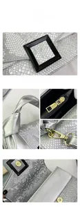 Detail view of silver snake skin handbag with black resin buckle and golden strap clasp