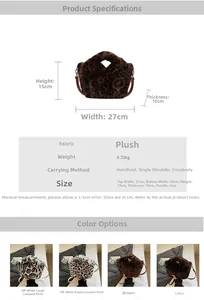Detailed size chart for the leopard plush handbag with 27x15x10cm dimensions