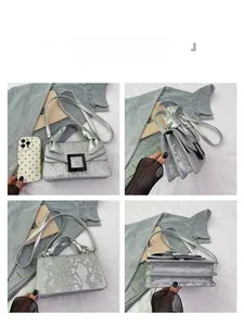 Detailed views of silver snake-textured handbag featuring a unique bow handle and clasp