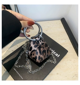 Dettaglio mini borsa leopardata con grande manico ad anello argento e tracolla a catena