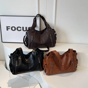 Women Large Capacity Tote Bag Retro PU Leather Shoulder Bag Vertical Zipper Pockets Fashion Commuting Crossbody Handbag