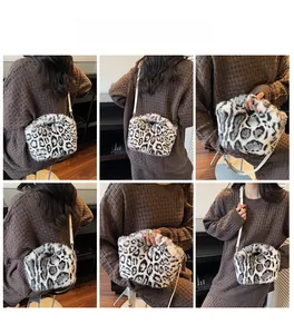Collage of model showcasing leopard faux fur tote bag from various angles in interior setting