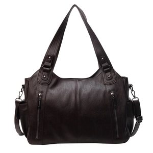 Classic dark coffee faux leather tote bag with side pockets and adjustable shoulder strap