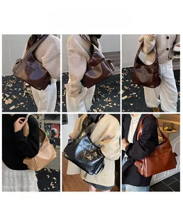 Collage of large rivet tote bags in dark brown, black and khaki with wide shoulder straps