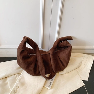 Retro dark brown suede half-moon shoulder bag with unique knot detail and metal zipper