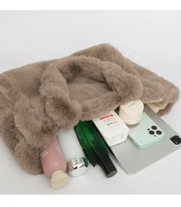 Top view showing the large interior capacity of the brown plush faux fur tote bag