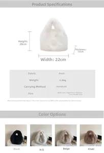 Tableau détaillé et vues de produits du sac à main en fausse fourrure en plusieurs couleurs