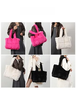 Detailed views of checkered faux fur tote bags in pink, white and black colors