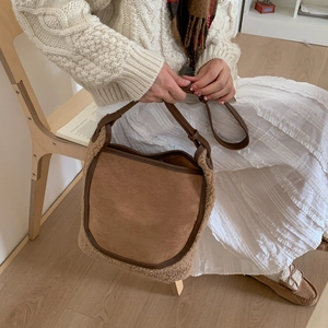 Retro sherpa fleece tote bag with brown suede and adjustable leather shoulder strap