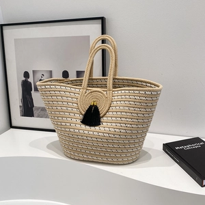 Woven Straw Tote Handbag Striped Large Capacity Bohemian Summer Beach Bag With Black Tassel For Women Fashion