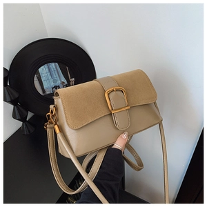 Vintage khaki shoulder bag in suede and smooth leather with golden metal buckle