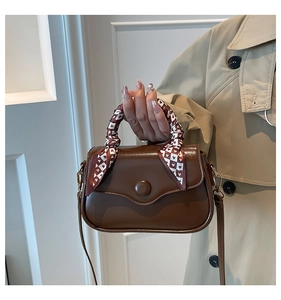 Brown PU leather square handbag with decorative heart scarf and round button clasp