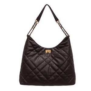 Deep brown quilted rhombic hobo shoulder bag with gold twist lock and chain strap