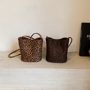 Leopard Print PU Suede Bucket Bag Vintage Crossbody Shoulder Handbag Women Urban Simple Style