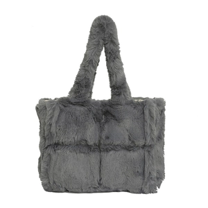 Dark grey plush quilted tote bag with a soft faux fur texture and a square pattern design