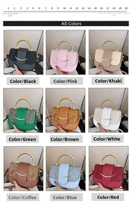 Grid view of women box bags in nine various colors with gold handle rings and metal buckles