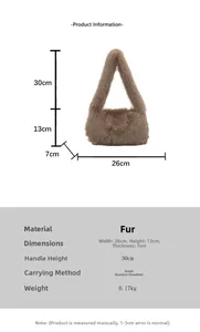 Size chart showing faux fur shoulder bag dimensions 26x13x7cm and 30cm handle height