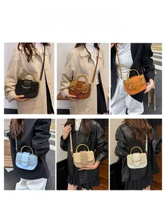 Collage of colorful crescent saddle bags showing various crossbody and handbag styles