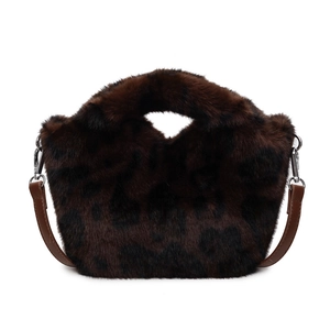 Fashionable leopard print faux fur square handbag with brown leather strap for autumn 2025