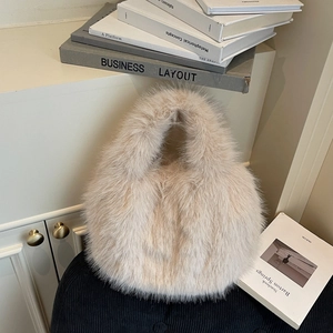 Furry plush tote bag in beige faux fur for women, autumn winter casual style handbag