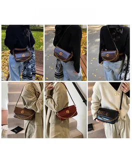 Detail of vintage small square bag with metallic lock and chain strap in multiple colors