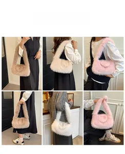 Plush faux fur handbags in khaki, beige, and pink, shown in real-life carrying scenarios