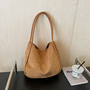 Minimalist large capacity camel suede hobo shoulder bag for women in soft matte leather