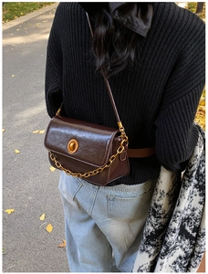 Detail of dark brown leather handbag featuring gold chain and circular metal lock closure