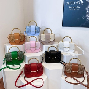 Vintage PU Leather Square Box Bag With Bamboo Metal Handle And Crescent Lock For Women Retro French Style Crossbody Handbag