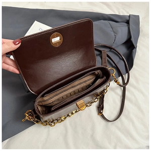 Detail of dark brown crossbody bag showing striped lining and golden turn-lock closure