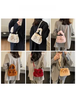 Detailed views of plush faux fur bucket bags with decorative bow in various colors