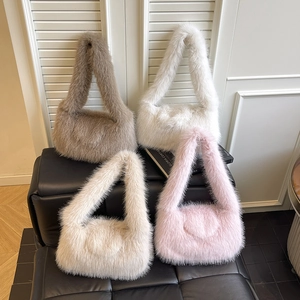 Faux Fur Plush Shoulder Bag Women Minimalist Soft Fuzzy Underarm Handbag Elegant Autumn Winter Solid Color Travel Bag