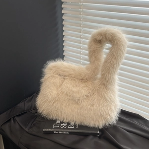 Minimalist oatmeal plush faux fur tote bag with a unique single handle for winter fashion