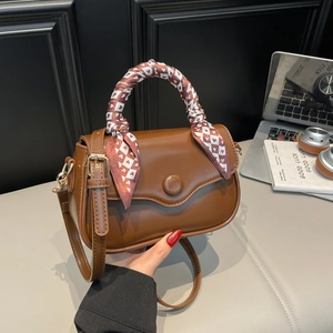 Brown PU leather square handbag with heart pattern silk scarf on handle and shoulder strap