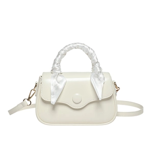 Chic cream white top-handle square bag with decorative silk scarf and circular buckle