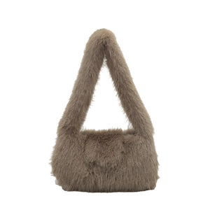 Brown faux fur shoulder bag with a fluffy minimalist design and wide strap for autumn